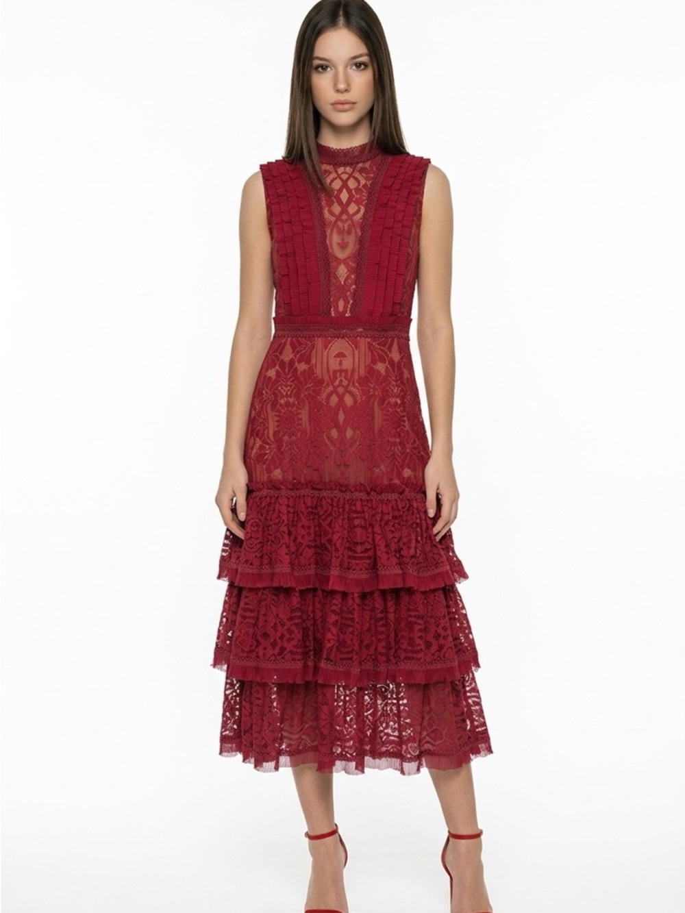 Jonathan Simkhai Burgundy Lace Sleeveless Tiered Midi Dress